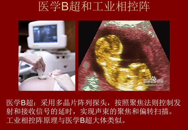 工业相控阵原理与医学B超大体类似，医学B超采用多晶片阵列探头，按照聚焦法则控制发射和接收信号的延时，实现声束的聚焦和偏转扫描